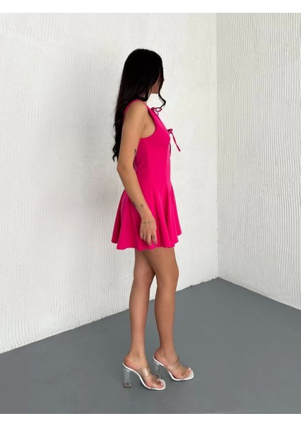 Göğüs Bağlamalı Kolsuz Mini Boy Elbise - Pembe