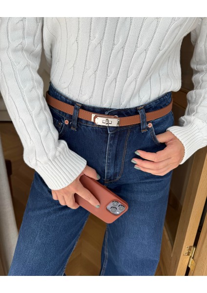 Silver Kilit Tokalı Dikişli Kemer 2cm Taba modelleri