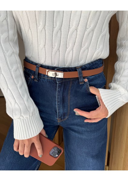 Silver Kilit Tokalı Dikişli Kemer 2cm Taba fırsatları