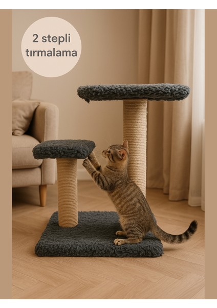 2 Kademeli Peluş Kedi Tırmalama Tahtası | 44 cm Yükseklik, Egzersiz ve Oyun Alanı, Yumuşak Dokulu, Soft Renkli Modern Tasarım Gri Renk