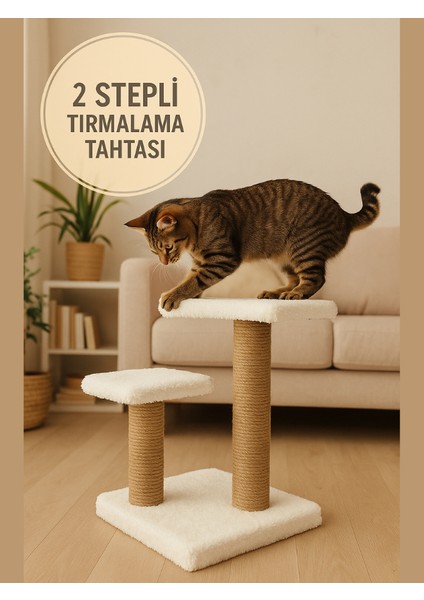 2 Kademeli Peluş Kedi Tırmalama Tahtası | 44 cm Yükseklik, Egzersiz ve Oyun Alanı, Yumuşak Dokulu, Soft Renkli Modern Tasarım Beyaz Renk