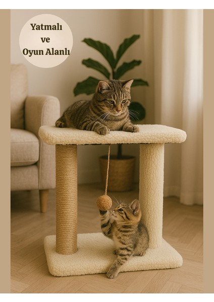 Peluş Dokulu 44 cm Kedi Tırmalama Tahtası | Oturaklı ve Yatma Yüzeyli, Ponponlu Oyun Alanı, Yumuşak Doku ve Tırmalamaya Dayanıklı Tasarım | Soft ve Sevilen Renk Seçenekleriyle