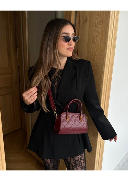 Kapitone Dikişli Saplı Çanta Bordo