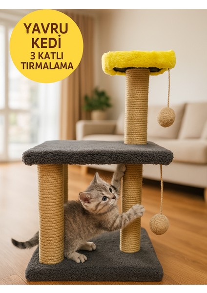 Peluş Dokulu Yumuşacık 3 Katlı Yavru Kedi Tırmalama Tahtası 44 cm Tırmalama Tahtası Soft Sevilen Renkler Gri Renk