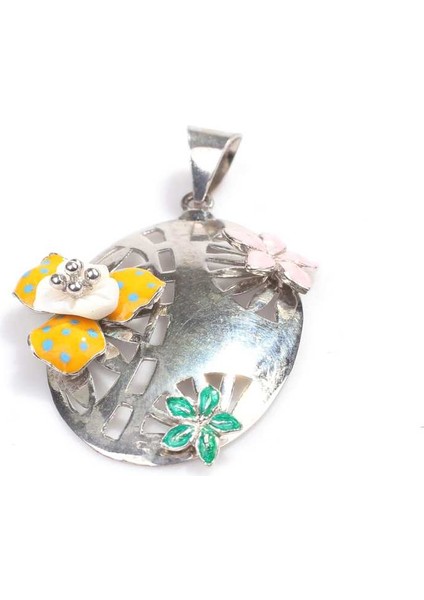 925 Ayar Gümüş Oval Astar Üzerine Mineli Çiçekler Kolye Ucu