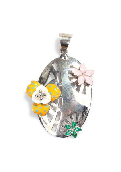 925 Ayar Gümüş Oval Astar Üzerine Mineli Çiçekler Kolye Ucu fiyatları