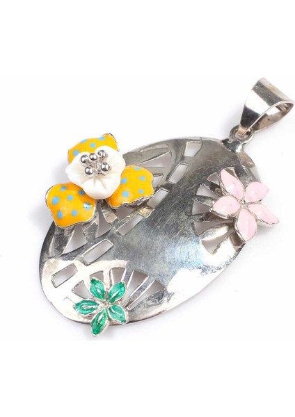 925 Ayar Gümüş Oval Astar Üzerine Mineli Çiçekler Kolye Ucu modelleri