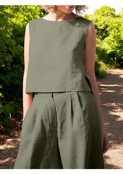 Yazlık Alt Üst Kolsuz İkili Keten Takım modelleri