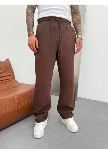 Erkek Müslin Kumaş Baggy Pantolon - Kahve
