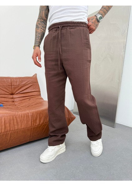 Erkek Müslin Kumaş Baggy Pantolon - Kahve fiyatları