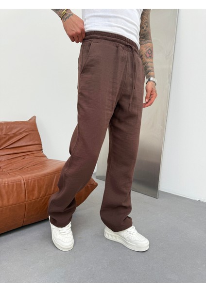 Erkek Müslin Kumaş Baggy Pantolon - Kahve modelleri