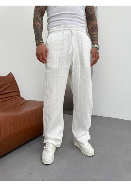 Erkek Müslin Kumaş Baggy Pantolon - Ekru