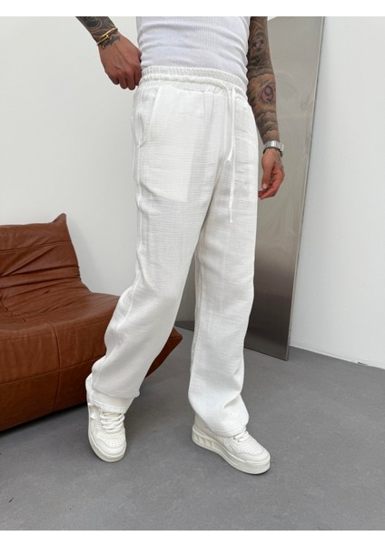 Erkek Müslin Kumaş Baggy Pantolon - Ekru