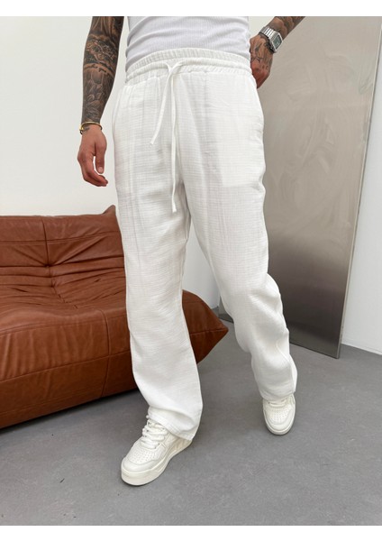 Erkek Müslin Kumaş Baggy Pantolon - Ekru