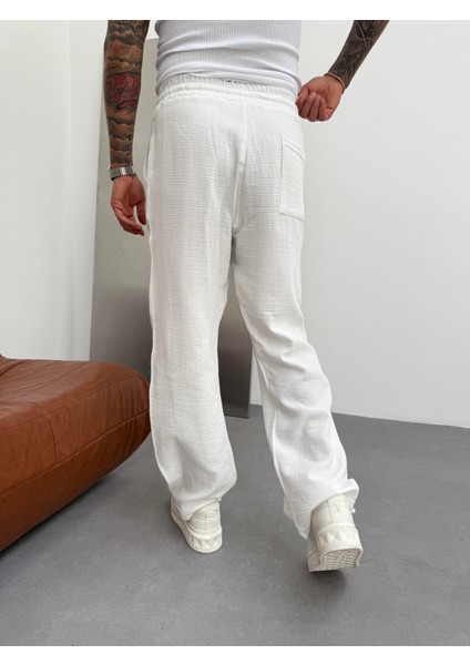 Erkek Müslin Kumaş Baggy Pantolon - Ekru