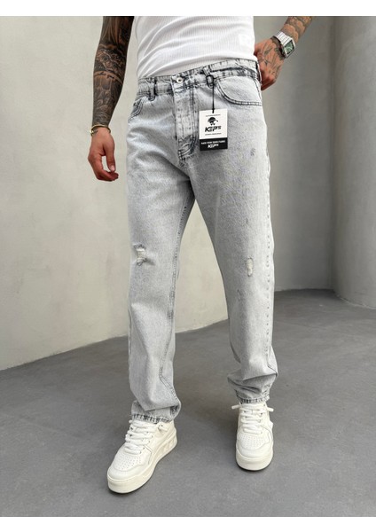 Erkek Yırtık Detaylı Baggy Fit Pantolon - Gri