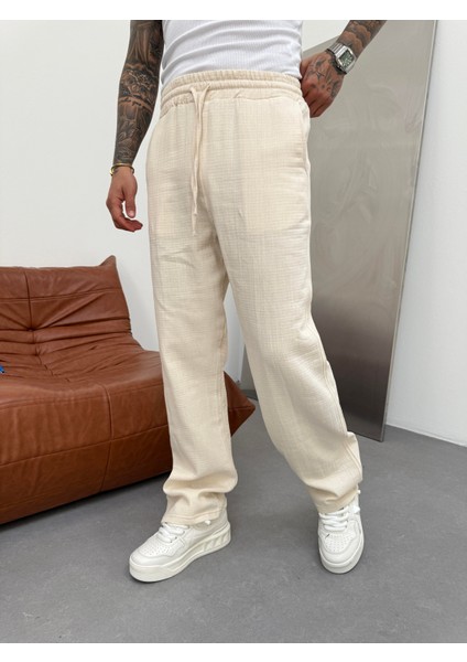 Erkek Müslin Kumaş Baggy Pantolon - Bej