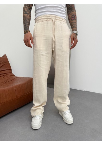 Erkek Müslin Kumaş Baggy Pantolon - Bej