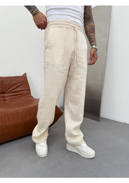 Erkek Müslin Kumaş Baggy Pantolon - Bej