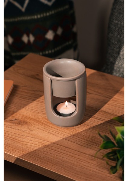 Gri Geniş Hazneli Seramik El Yapımı Buhurdanlık | Mumluk | Buhardanlık (1 Adet Tealight Mum Ile)