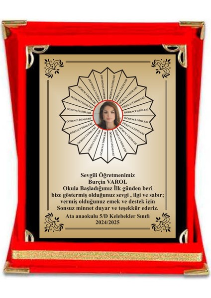 Öğretmen Plaketi , Öğretmene Resimli Plaket , Kadife Kutulu Kırlangıç Kuyruğu Plaket 15 x 20 cm