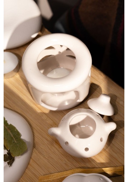 Özel Yapım Seramik Beyaz Çaydanlık Buhurdanlık (1 Adet Tealight Mum Ile)