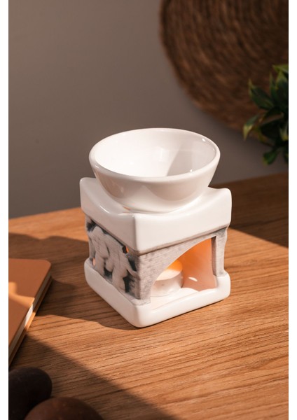 Fil Desenli | Seramik El Yapımı Buhurdanlık | Mumluk | Dekoratif Buhardanlık (1 Tealight Mum Ile)