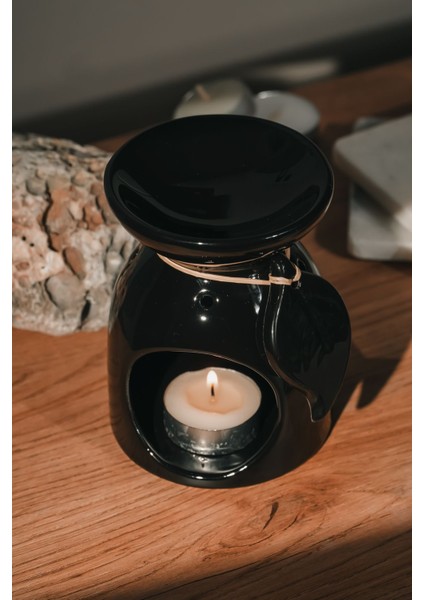 Siyah Yaprak Desenli | Seramik El Yapımı Buhurdanlık | Mumluk | Dekoratif (1 Adet Tealight Mum Ile)