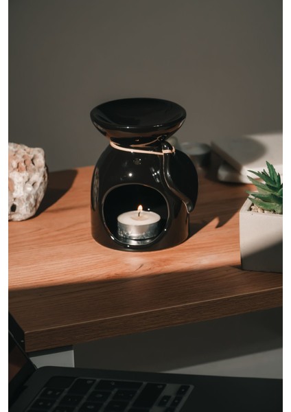 Siyah Yaprak Desenli | Seramik El Yapımı Buhurdanlık | Mumluk | Dekoratif (1 Adet Tealight Mum Ile) fiyatları