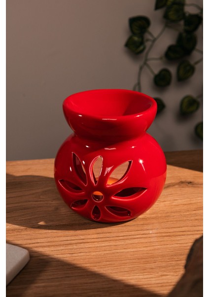 Lotus Modeli Seramik El Yapımı Kırmızı Buhurdanlık | Dekoratif Buhardanlık (1 Adet Tealight Mum Ile)