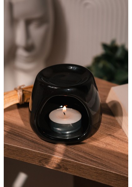 Siyah | Seramik El Yapımı Buhurdanlık | Mumluk | Dekoratif Buhardanlık (1 Adet Tealight Mum Ile)