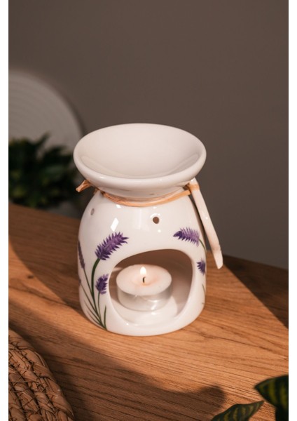 Lavanta Desenli Seramik El Yapımı Buhurdanlık | Mumluk | Dekoratif (1 Adet Tealight Mum Ile)