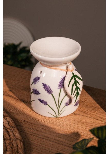 Lavanta Desenli Seramik El Yapımı Buhurdanlık | Mumluk | Dekoratif (1 Adet Tealight Mum Ile)