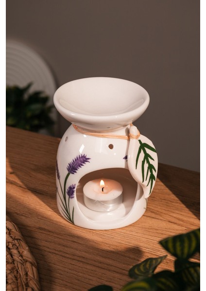 Lavanta Desenli Seramik El Yapımı Buhurdanlık | Mumluk | Dekoratif (1 Adet Tealight Mum Ile)