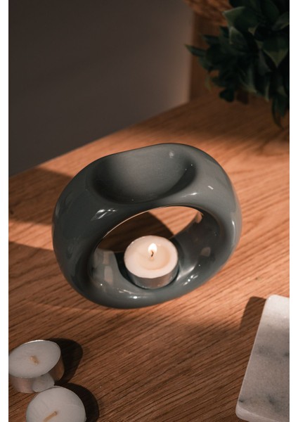 Gri | Yüzük Seramik El Yapımı Buhurdanlık | Dekoratif Buhardanlık (1 Tealight ile Birlikte)