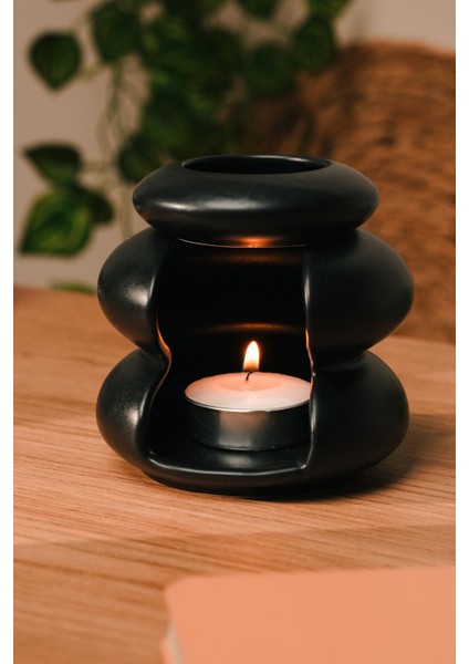Siyah Mat Modern Tasarım Seramik El Yapımı Buhurdanlık | Mumluk | Dekoratif (1 Adet Tealight Mum ile