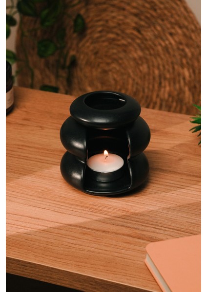 Siyah Mat Modern Tasarım Seramik El Yapımı Buhurdanlık | Mumluk | Dekoratif (1 Adet Tealight Mum ile