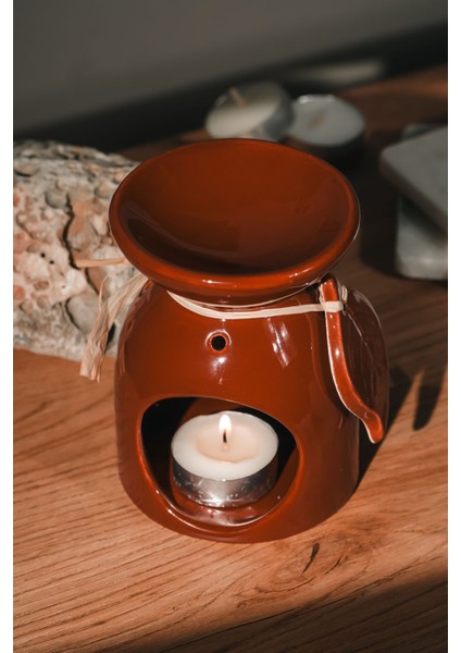 Kahverengi Yaprak Desenli | Seramik El Yapımı Buhurdanlık | Mumluk | (1 Adet Tealight Mum Ile)