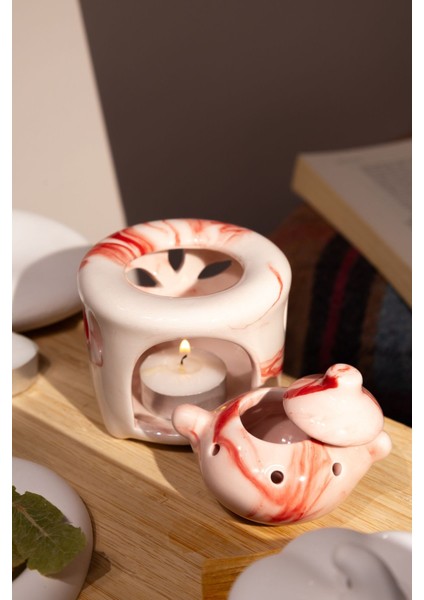 Özel Yapım Seramik Kırmızı Çaydanlık Buhurdanlık (1 Adet Tealight Mum Ile)