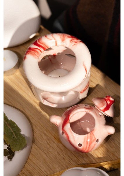 Özel Yapım Seramik Kırmızı Çaydanlık Buhurdanlık (1 Adet Tealight Mum Ile)