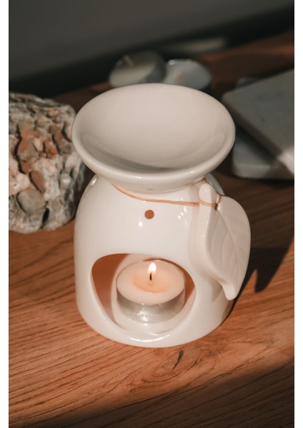 Beyaz Yaprak Desenli Seramik El Yapımı Buhurdanlık | Mumluk | Dekoratif (1 Adet Tealight Mum Ile)
