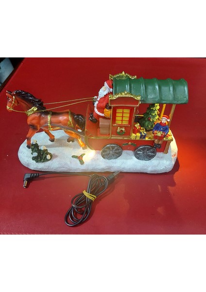 Yılbaşı At Araba Noel Poliresin Simli Işıklı Çam Ağacı Hareketli 27X15CM Wireless USB 1 Adet