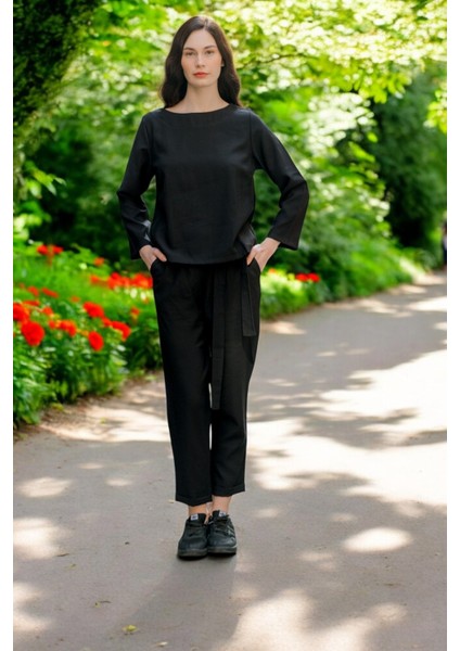 Günlük Beli Kemerli Alt Üst Keten Takım modelleri