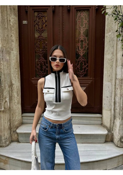 Fermuar Detaylı Yüksek Yaka Kolsuz Bluz fiyatları