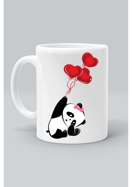 Aşık Panda Love Kalp Balon Tasarım Baskılı Beyaz Kupa Bardak