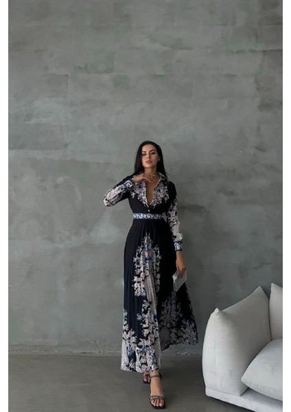 Kadın Siyah Atlas Kumaş Desenli Elbise NBMS42131
