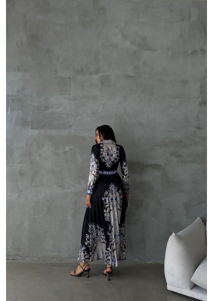 Kadın Siyah Atlas Kumaş Desenli Elbise NBMS42131 modelleri