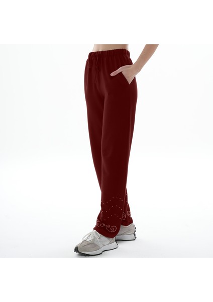 Kadın Paçası Taş Baskılı Bordo Renk Eşofman Altı (Büyük Beden Seçeneğiyle)