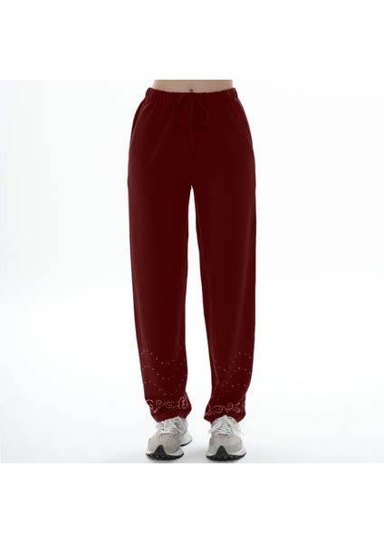 Kadın Paçası Taş Baskılı Bordo Renk Eşofman Altı (Büyük Beden Seçeneğiyle) fiyatları