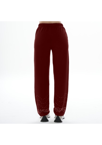 Kadın Paçası Taş Baskılı Bordo Renk Eşofman Altı (Büyük Beden Seçeneğiyle) modelleri